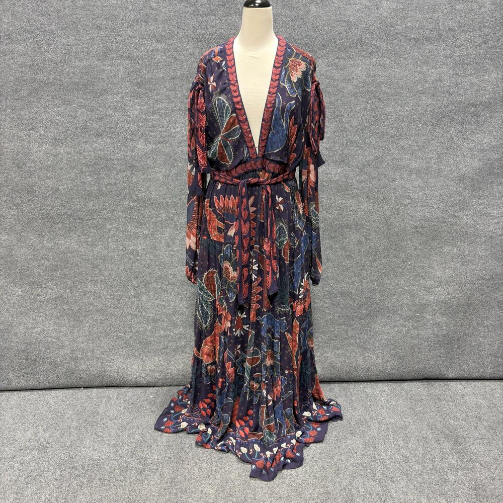 Farm Rio Dress Womens L Multicolor Floral Long Sleeve Belted V Neck Maxi Boho